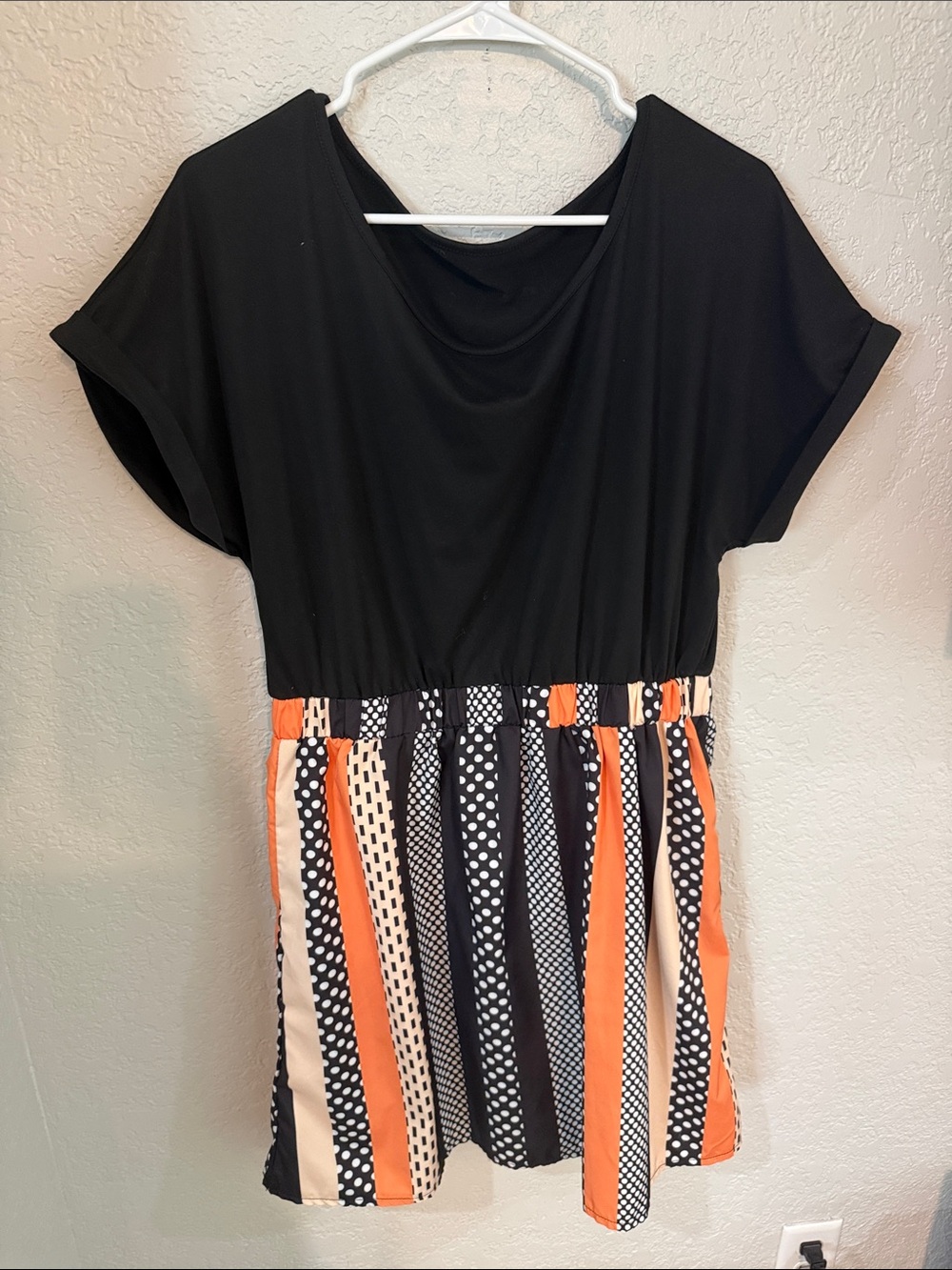 SHEIN Black Top with Orange, Cream & Patterned Stripe Skirt